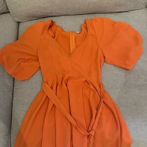 Glam Vibrant Orange Mini Romper with Puff Sleeves
